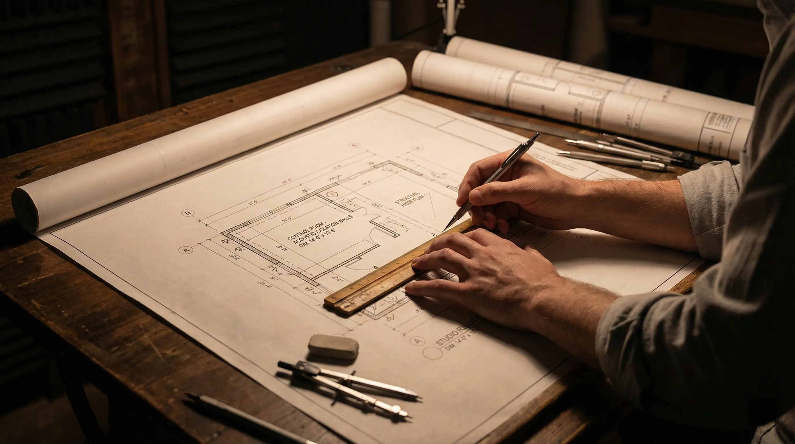 Architectural design phase with acoustic modeling and 3D studio visualization